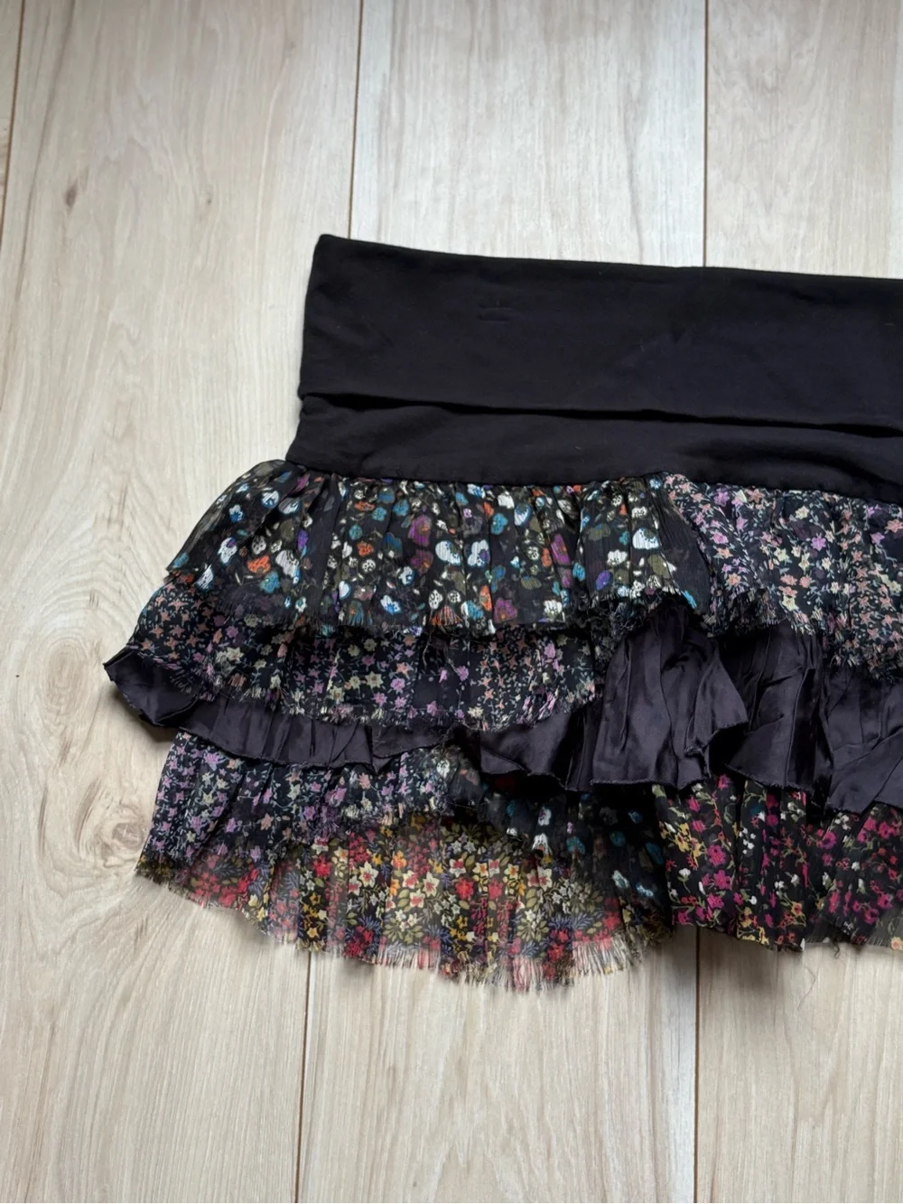 Free People FP One Patchwork Floral Tiered Ruffle Mini Skirt Black Boho Y2K